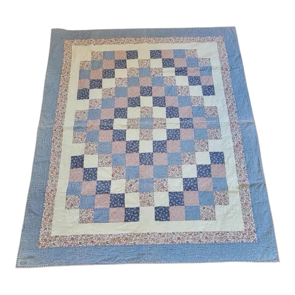 Vintage 1998 Handmade Patchwork Quilt Blue Pink Floral Blanket Throw 58x72